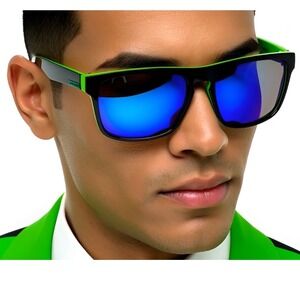 Polarized Sport Sunglasses Men Black Neon Green Mirror Lens UV Protection Safety